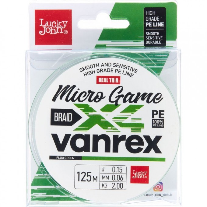 Плетеный шнур LUCKY JOHN VANREX MICRO GAME Х4 BRAID FLUO GREEN 125 м - 0,06 мм LJ4115-006 Плетеный шнур LUCKY JOHN VANREX MICRO GAME Х4 BRAID FLUO GREEN 125 м - 0,06 мм LJ4115-006